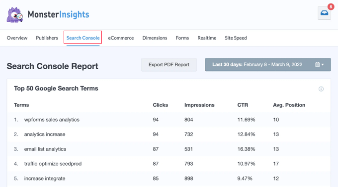 Viewing Google Search Console Report in MonsterInsights Viewing Google Search Console Report in MonsterInsights