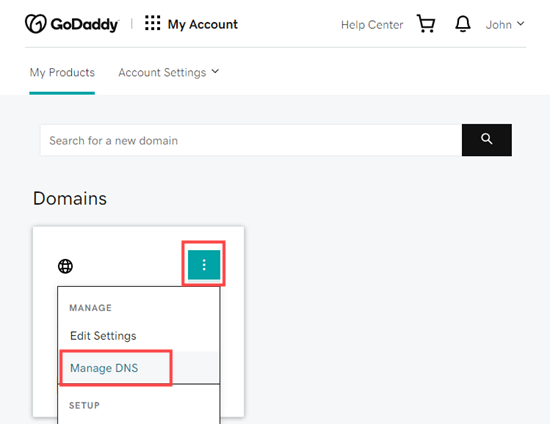 Selecting the 'Manage DNS' option for your domain Selecting the 'Manage DNS' option for your domain