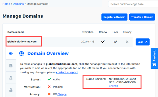 Viewing the details for your HostGator domain name Viewing the details for your HostGator domain name