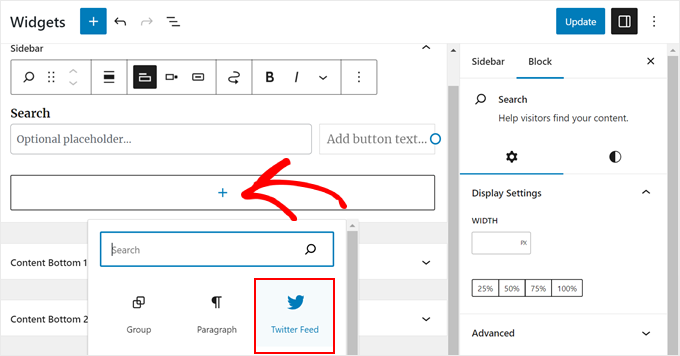 Adding the Twitter Feed Smash Balloon widget in the widget editor Adding the Twitter Feed Smash Balloon widget in the widget editor
